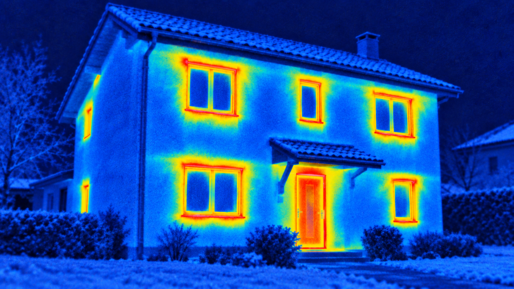 Illustrazione termografica di una casa con zone calde attorno ai serramenti